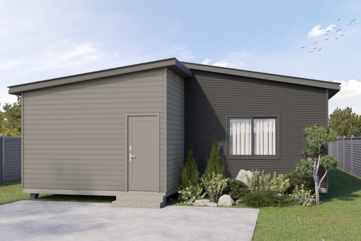 Sleek modular home with grey exterior, designed by Rapid Modular WA for sustainable living and eco-friendly housing developments in rural and urban Australia, featuring energy-efficient materials and modern aesthetics.